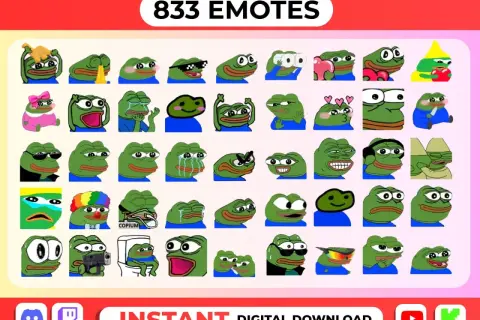 Viele verschiedene Twitch Emotes sehen, die den beliebten Frosch Pepe darstellen, in lustigen und emotionalen Posen.