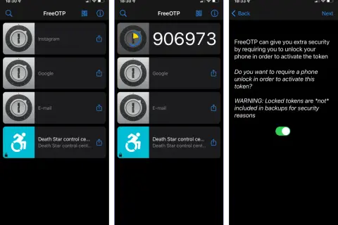 Aplikacja uwierzytelniająca FreeOTP wyświetla kody dla Instagrama, Google i e-maila. Włączono blokadę tokenów.