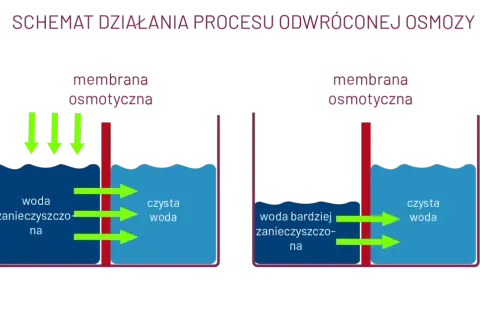 Schemat pokazuje, jak działa odwrócona osmoza: woda przechodzi przez membranę osmotyczną, oddzielając zanieczyszczenia.