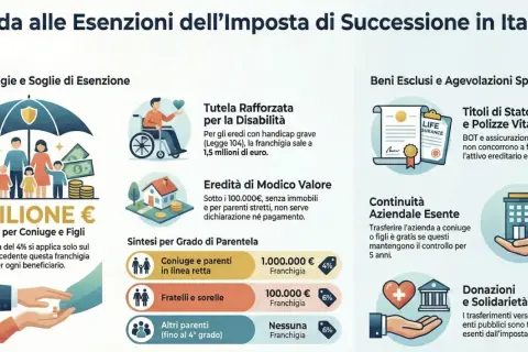Guida alle esenzioni dell'imposta di successione in Italia: franchigie per coniugi/figli (1 milione €), disabili, eredità di modico valore e parentela.