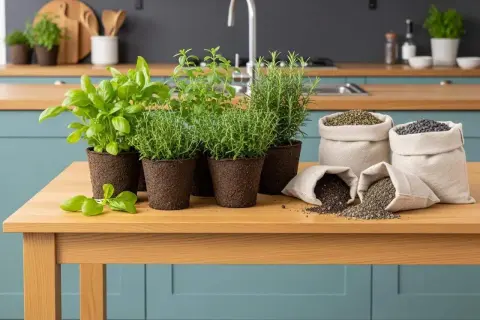 Plantes aromatiques en pots et sacs de terreau sur une table en bois. Quel terreau pour plantes aromatiques ? Le bon choix pour un jardin savoureux.