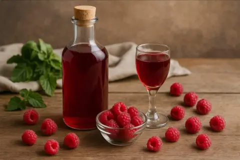 Butelka i kieliszek z malinowym likierem, przypominającym Chambord, otoczone świeżymi malinami i listkami mięty.