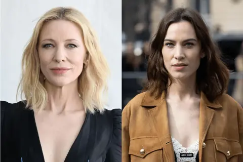 Cate Blanchett z blond włosami do ramion cieniowanymi z przodu i Alexa Chung w brązowej kurtce.