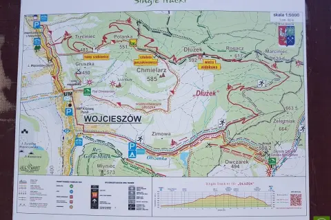 Mapa szlaków rowerowych w Kaczawskich Single Trackach, z zaznaczonymi trasami, punktami widokowymi i atrakcjami.