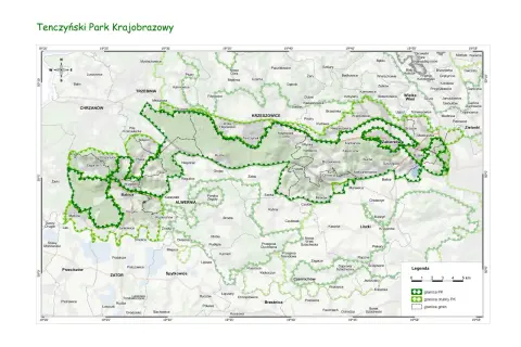 Mapa Tenczyńskiego Parku Krajobrazowego z zaznaczonymi szlakami pieszymi i granicami.