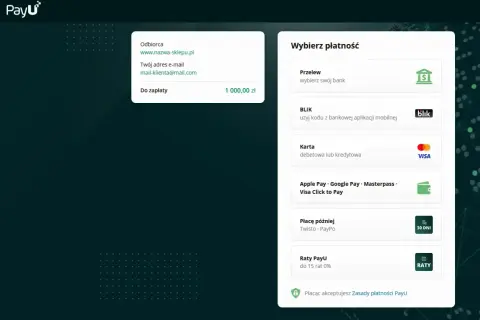 PayU to system płatności, który pozwala wybrać sposób zapłaty: przelew, BLIK, kartą, Apple Pay, Google Pay, Masterpass, Visa Click to Pay, PayPo lub raty PayU.