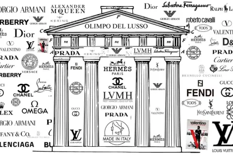 Un tempio stilizzato celebra le marche francesi famose e internazionali del lusso, con loghi come Chanel, Dior, Louis Vuitton e Hermès.