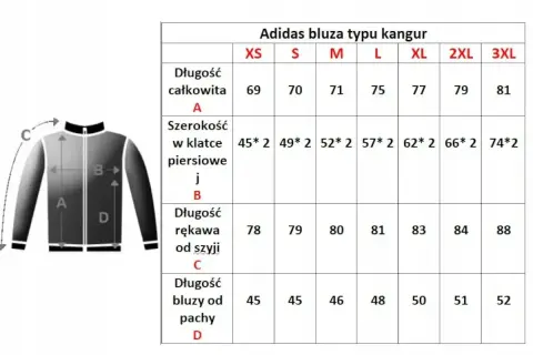Tabela rozmiarów bluzy Adidas kangur. Długość bluzy od pachy dla rozmiaru 52 męski wynosi 52 cm.