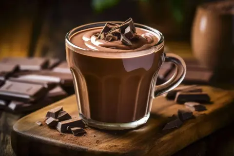 Ein Glas cremiger cioccolata calda, garniert mit Schokoladenstückchen, auf einem Holzbrett mit Kakaopulver und Schokoladenriegeln.