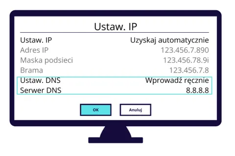 Okno ustawień sieciowych z polami IP, maski, bramy i DNS.