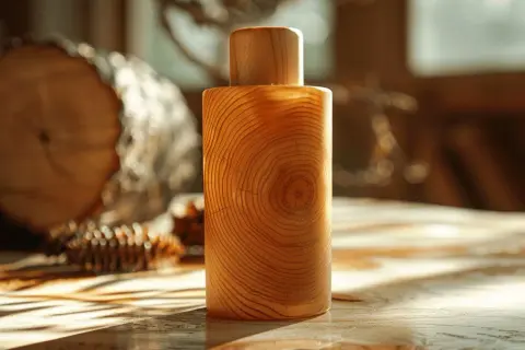 Objet en bois aux anneaux visibles, prêt pour le temps de séchage xylophene avant lasure. Un tronc d'arbre et des pommes de pin en arrière-plan.