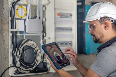 Technik w kasku i okularach ochronnych wykonuje przegląd instalacji elektrycznej, analizując dane na tablecie.