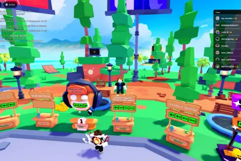 Gra Roblox z kilkoma graczami przy stoiskach z darowiznami w kolorowym, kreskówkowym świecie.