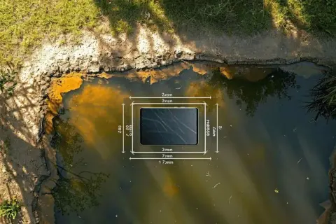 Une mare naturelle argileuse, aux reflets dorés, où une tablette numérique semble flotter, mesurée avec précision.
