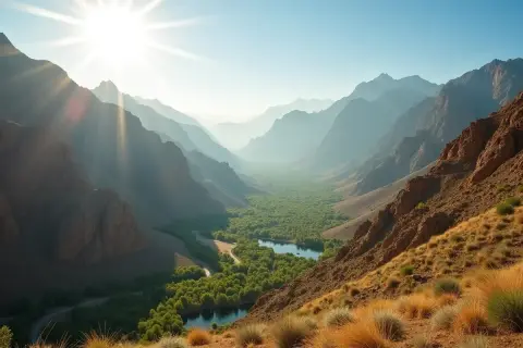 Oman: Dolina z zielenią i jeziorami, otoczona górami. Słońce przebija się przez mgłę, tworząc magiczny widok. Czy jest bezpiecznie? Tak, to piękny krajobraz.