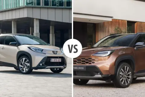 Porównanie dwóch miejskich SUV-ów: beżowego Toyoty Aygo X i brązowego Yarisa Cross. Sprawdź toyota aygo x wymiary i różnice.