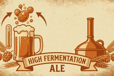 Lievito in azione per la fermentazione alta di una ale. Termometro, luppolo, orzo e alambicco completano la scena.
