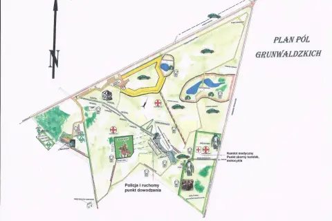 Plan Pól Grunwaldzkich z zaznaczonymi atrakcjami: parkingi, punkty widokowe, obozy rycerskie, miejsca bitwy, punkty medyczne.