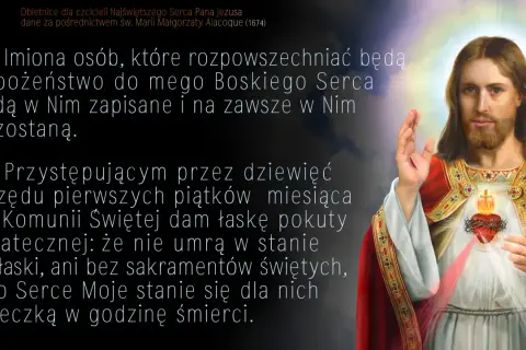 Obietnice dla czcicieli Najświętszego Serca Jezusa. Wizerunek Jezusa z gorejącym Sercem, otoczony obietnicami.