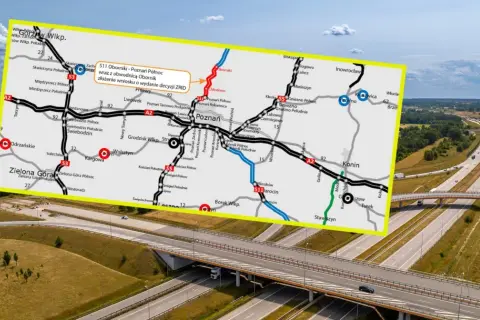 Mapa drogowa z zaznaczonym Poznaniem i trasą S11. Szukając odpowiedzi na pytanie, ile kilometrów jest z Poznania do Kołobrzegu, widzimy drogę S11 wiodącą na północ.