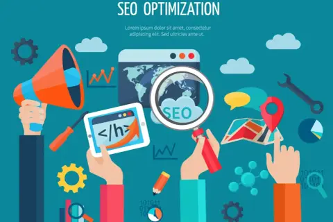 Manos trabajando en SEO: megáfono, tablet con código, lupa sobre mapa mundial y gráfico. Ideas para cómo solucionar los problemas SEO.