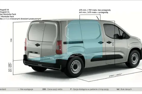 Schemat Citroen Berlingo z wymiarami: długość M/XL, wysokość, szerokość przestrzeni ładunkowej (z przegrodą lub bez).