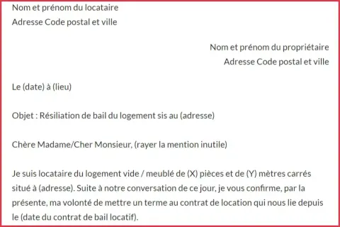 Lettre de préavis logement. Le locataire informe le propriétaire de sa volonté de résilier le bail.
