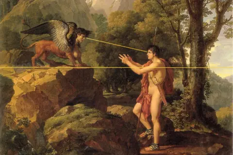 Bonaparte, tel un héros antique, fait face au Sphinx, créature mythique aux ailes déployées. Le regard intense des deux êtres se croise.