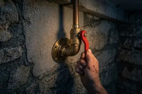 Main tenant la poignée rouge d'un robinet extérieur, une installation sans soudure sur un mur de pierre.