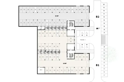 Plan parkingu z numerowanymi miejscami, w tym dla niepełnosprawnych. Nowe wymiary miejsc parkingowych zapewniają komfort.
