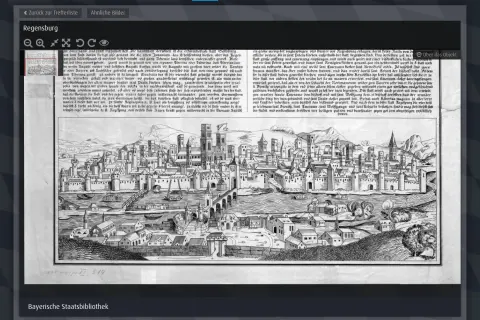 Regensburg in der schedelsche weltchronik: eine detailreiche Stadtansicht mit Fluss, Brücken und vielen Gebäuden, umgeben von Bergen.