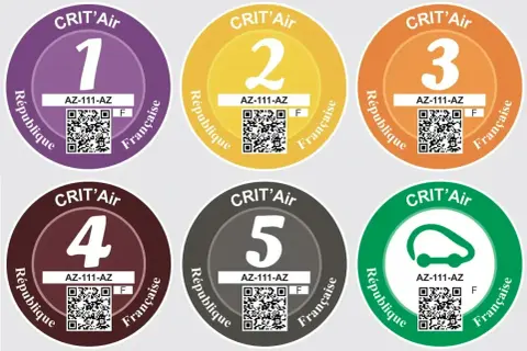 Les vignettes Crit'Air affichent la couleur des classes environnementales : violet (1), jaune (2), orange (3), bordeaux (4) et gris (5).