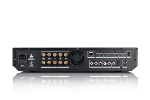 Tył amplitunera z licznymi złączami, w tym HDMI, LAN, coaxial, optical. Dowiedz się, jak podłączyć TV do amplitunera bez HDMI, korzystając z tych portów.