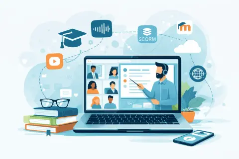 En lärare leder en e-learning utbildning via en laptop. Flera deltagare syns i små fönster, och ikoner för lärande och digitala verktyg omger scenen.