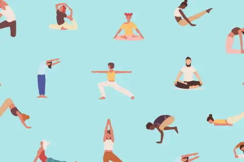Diverse people practicing various yoga poses, including downward dog and warrior pose, perfect for a pull day stretches routine.