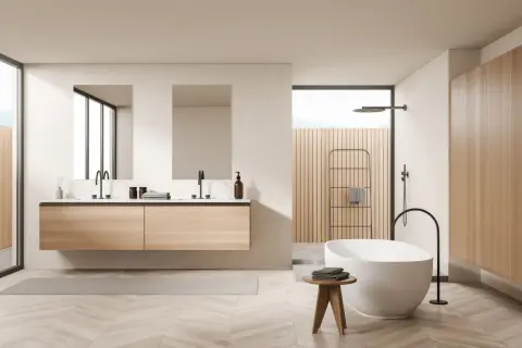 Salle de bain minimaliste avec double vasque en bois, baignoire îlot et douche à l'italienne.
