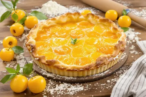 Une délicieuse tarte aux mirabelles, garnie de fruits dorés et d'une pâte croustillante, prête à être dégustée.