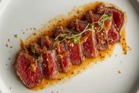 Tataki de ternera jugoso, cortado en finas lonchas y bañado en una salsa dorada con semillas. Un bocado exquisito.