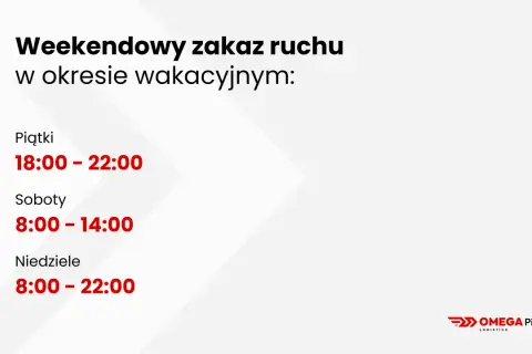 Zakazy dla ciężarówek w wakacje: Piątki 18-22, Soboty 8-14, Niedziele 8-22. Omega Pilzno Logistics informuje.