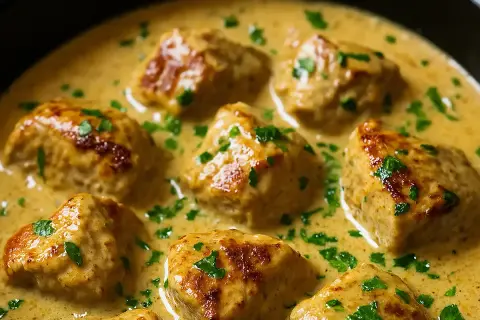Un savoureux sauté de porc à l'ancienne, mijoté dans une sauce crémeuse et parsemé de persil frais. Un plat réconfortant et plein de saveurs.