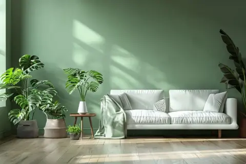 Salon lumineux avec un canapé blanc, des plantes vertes luxuriantes et une peinture sans cov aux tons apaisants.