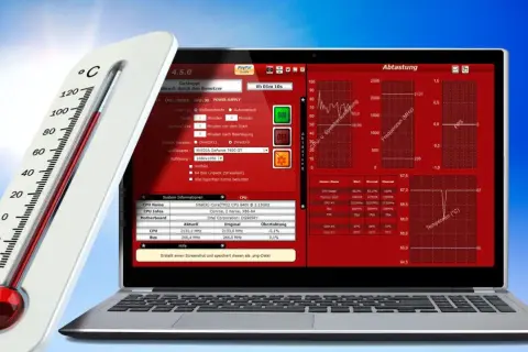 MSI Afterburner zeigt die **MSI Afterburner CPU Temp** auf einem Laptop. Ein Thermometer daneben symbolisiert die Hitze.