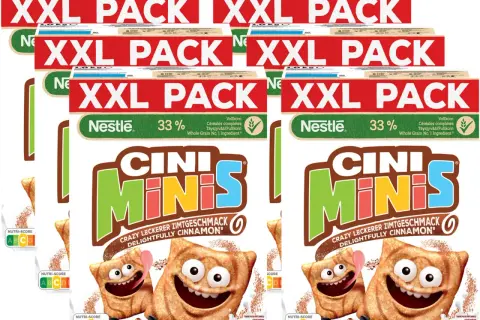 XXL-Packungen Cini Minis Zimtgeschmack. Sind Cini Minis vegan? Die Verpackung gibt Auskunft.