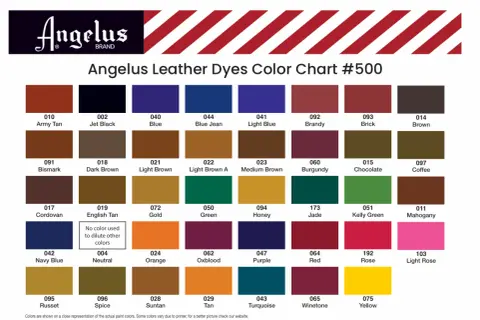 Tabella colori tinture per pelle Angelus. Molti colori cuoio abbinamenti perfetti per ogni progetto.