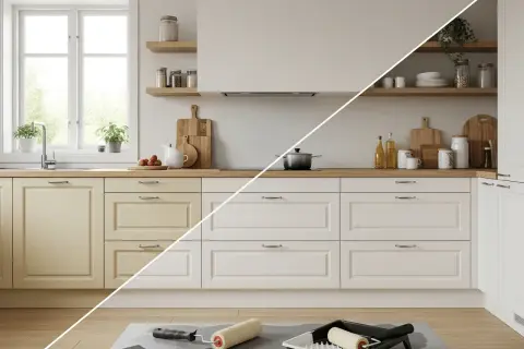Cocina antes y después de pintar muebles. Gabinetes amarillos transformados a blanco, con rodillos y bandeja de pintura listos.