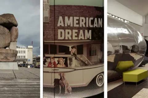 Muzeum w Gdyni: rzeźba, obraz "American Dream" i futurystyczna instalacja.
