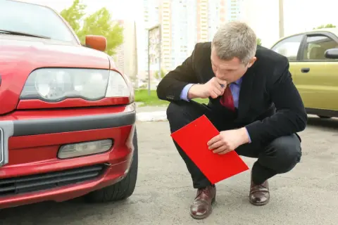 Man i kostym inspekterar en röd bil med en röd pärm, kanske för en digital servicebok.