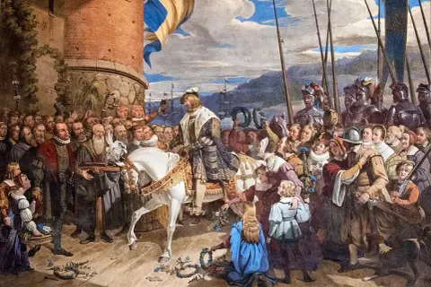 Gustav Vasa på vit häst, omgiven av jublande folk och soldater. En hyllning till Sveriges befriare.