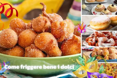 Frittelle dolci dorate e zuccherate, perfette per Carnevale. Diverse varianti di dolci fritti in un collage festoso.