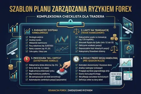 Plan zarządzania ryzykiem na Forex: jak zacząć trading? Checklistę tworzą: parametry systemu, limity transakcji, procedura "kill switch" i reguły przed sesją.
